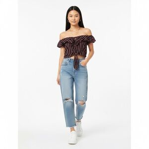 Ambiance Black and Red Off-Shoulder Crop Top-L
